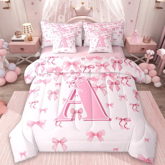 jejeloiu Monogrammed A Twin Bedding Sets 7-Piece,Cute Bowknot Bowtie Bedding Comforter Set,Light Pink Sheet Sets,Microfiber Room Decorative Reversible
