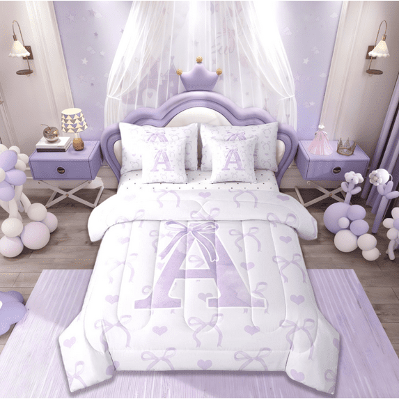 jejeloiu Monogrammed A Twin Bedding Sets 7-Piece,Cute Bowknot Bowtie Bedding Comforter Set,Light Purple White Sheet Sets,Microfiber Room Decorative Reversible