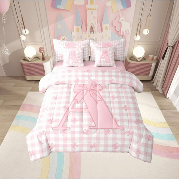 jejeloiu Monogrammed A Twin Bedding Sets 7-Piece,Cute Bowtie Bow Bedding Comforter Set,Pink Geometric Plaid Sheet Sets,Microfiber Room Decorative Reversible