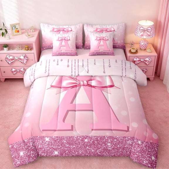 jejeloiu Monogrammed A Twin Bedding Sets 7-Piece,Cute Girls Bowtie Bedding Comforter Set,Pink Glitter Print Sheet Sets For Child,Microfiber Room Decorative Reversible