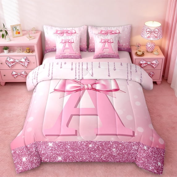 jejeloiu Monogrammed A Twin Bedding Sets 7-Piece,Cute Girls Bowtie Bedding Comforter Set,Pink Glitter Print Sheet Sets For Child,Microfiber Room Decorative Reversible