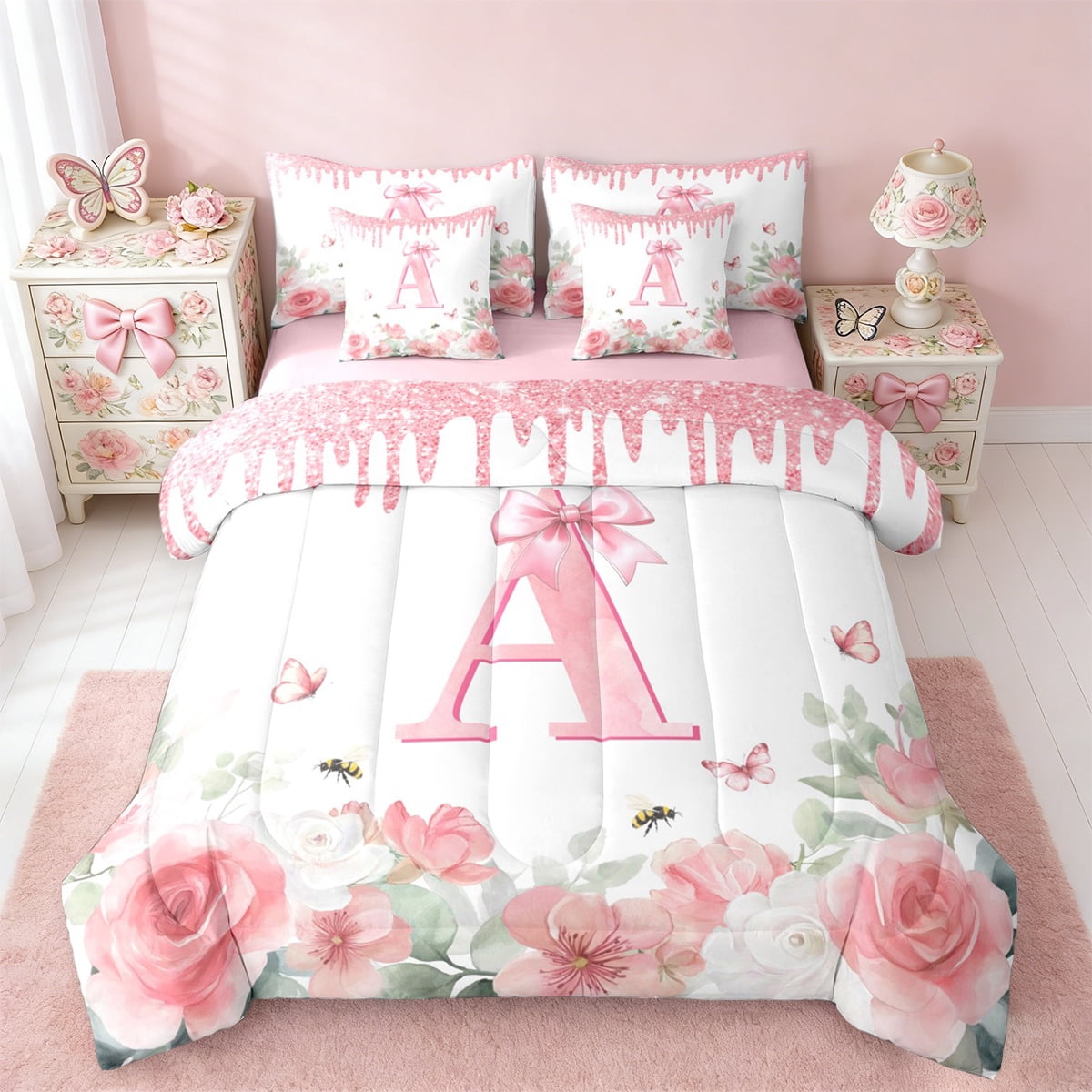jejeloiu Monogrammed A Twin Bedding Sets 7-Piece,Retro Flower Butterfly Bedding Comforter Set,White Pink Bow Sheet Sets For Girl,Microfiber Room Decorative Reversible