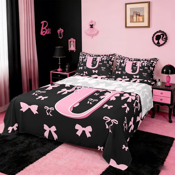 jejeloiu Monogrammed U Bed Sheets,Cute Bowknot Bowtie King Sheets,Light Pink Black Sheet Set,Microfiber Room Decorative,4-Piece