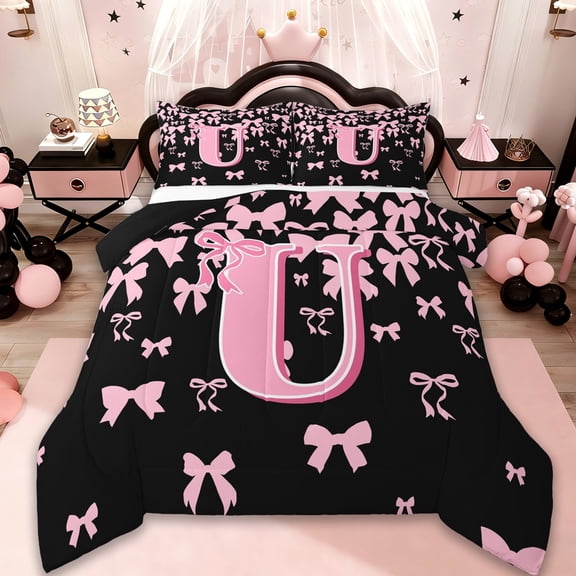 jejeloiu Monogrammed U Bedding Comforter Set,Cute Bowknot Bowtie Twin Comforter Sets,Light Pink Black Bedding Set,Microfiber Room Decorative Reversible,2-Piece