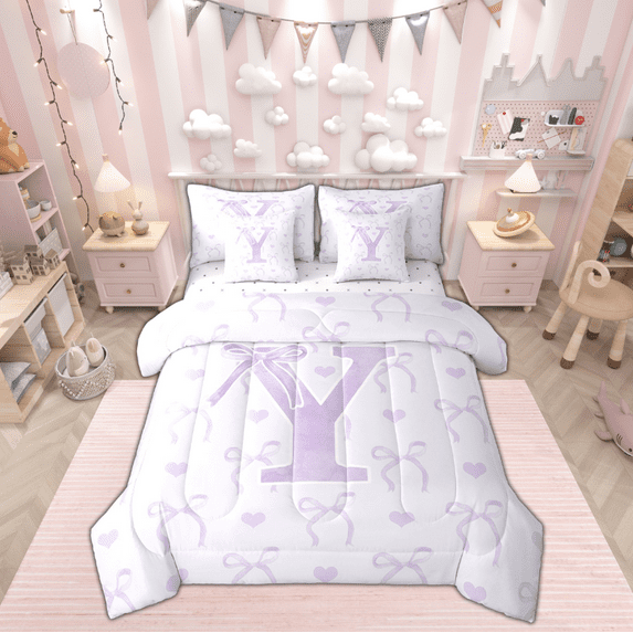 jejeloiu Monogrammed Y Bedding Comforter Set 7 Pieces,Cute Bowknot Bowtie Full Bedding Set,Light Purple White Fitted Sheet Flat Sheet,Microfiber Room Decorative Reversible
