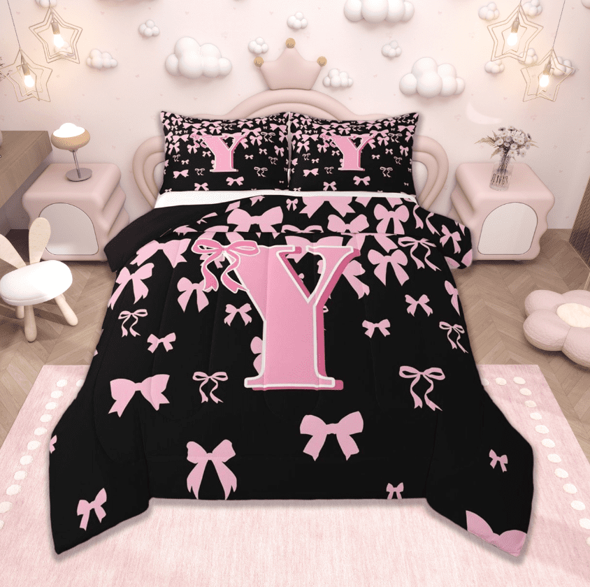 B*ね様 BABY Torte Chantilly セット　黒　ピンク jejeloiu Initial Letter Z Queen Comforter Set,Kawaii Bow Bowknot
