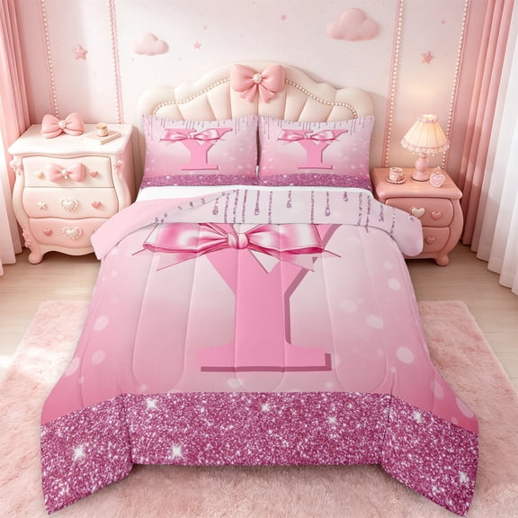 jejeloiu Monogrammed Y Bedding Comforter Set,Cute Girls Bowtie Twin Comforter Sets,Pink Glitter Print Bedding Set For Child,Microfiber Room Decorative Reversible,2pcs