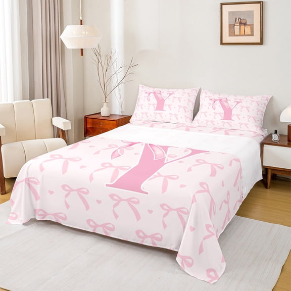 jejeloiu Monogrammed Y Queen Sheet Sets,Cute Bow Bowtie Dinosaur Flat Sheet,Pink White Queen Fitted Sheet,Microfiber Room Decorative,4-Piece