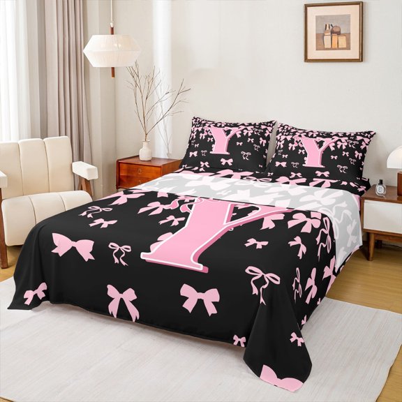 jejeloiu Monogrammed Y Twin Sheet Sets,Cute Bowknot Bowtie Twin Fitted Sheet,Light Pink Black Flat Sheet,Microfiber Room Decorative,3 Pieces