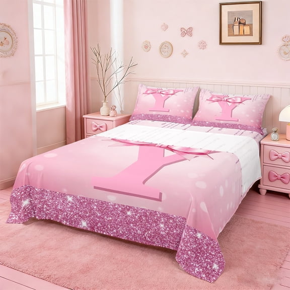 jejeloiu Monogrammed Y Twin Sheet Sets,Cute Girls Bowtie Twin Fitted Sheet,Pink Glitter Print Flat Sheet For Child,Microfiber Room Decorative,3pcs