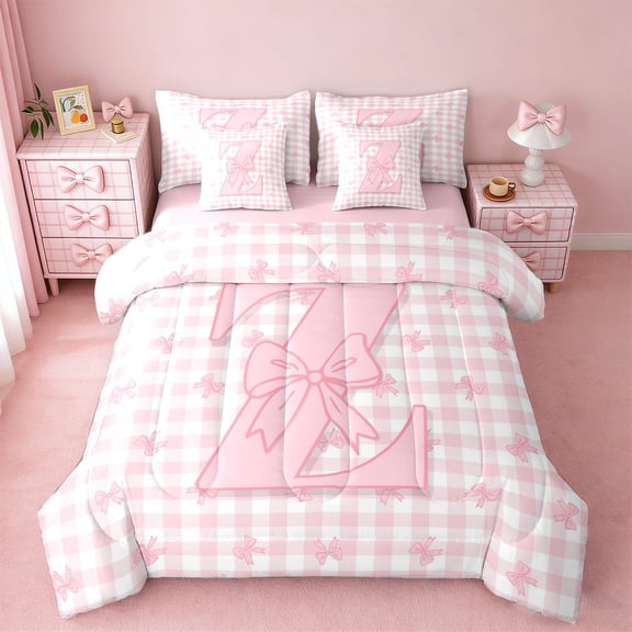 jejeloiu Personalized Gifts Bow Bedding Comforter Set 7-Piece,Letter Z King Bedding Sets,Pink Geometry Checkered Bed Sheets For Child,Lightweight Room Decoration Reversible