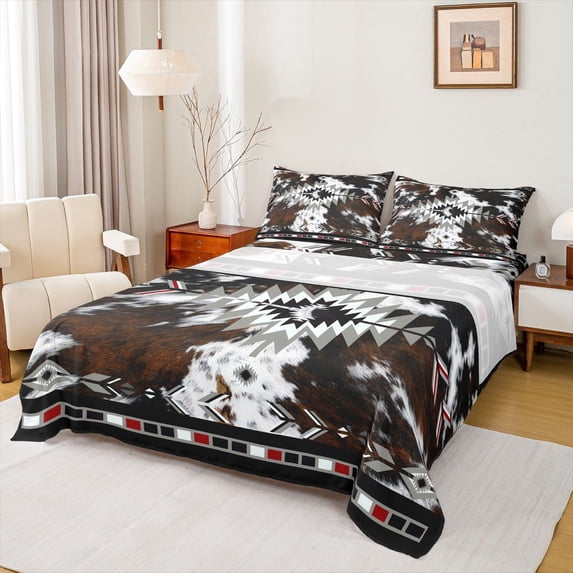 jejeloiu Moody Aztec Bed Sheets,Rustic Cowhide Full Size Sheets For Boys,Gray Black Brown,4 Pieces,1 Flat Sheet, 1 Fitted Sheet and 2 Pillowcases