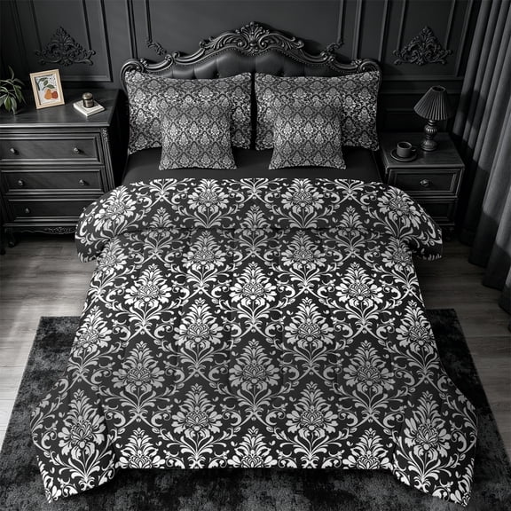 jejeloiu Moody Damask 7pcs Queen Bedding,High Contrast Print Bedding Comforter Set Queen For Adults,Black Gray,Black Reversible