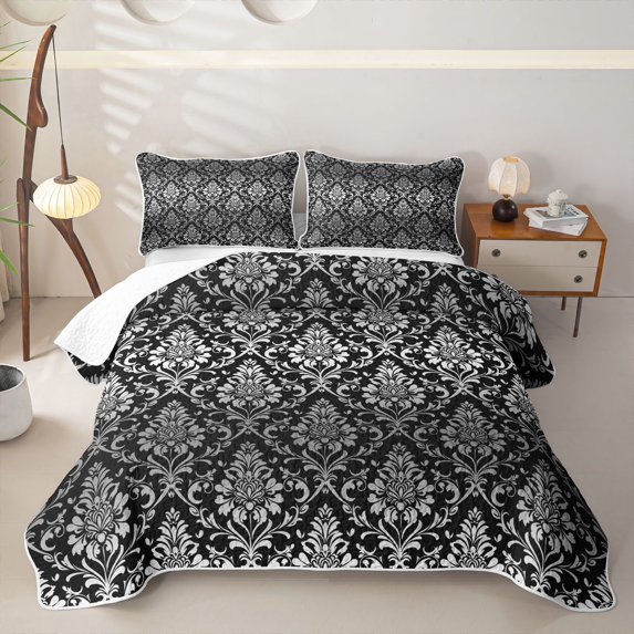 jejeloiu Moody Damask Twin Quilt Set,High Contrast Print Twin Coverlet Set For Adults,Black Gray,2 Pieces