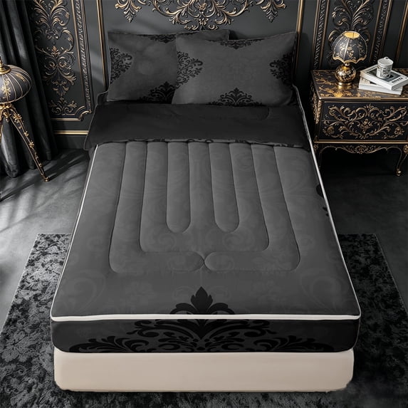 jejeloiu Moody Damask Zipper Full Size Comforter Sets with Fitted Sheet and 2 Pillowcases,Vintage Print Zipper Bedding Set For Adults,Gray Black,Black Reversible,4-Piece
