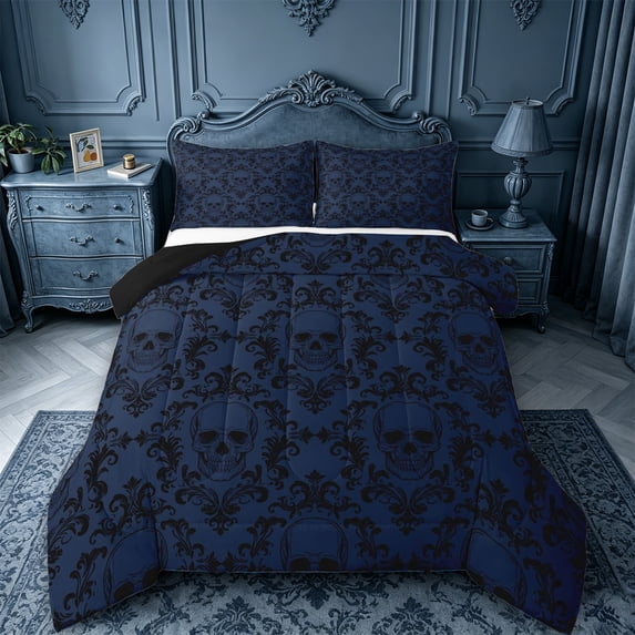 jejeloiu Moody Skull Queen Comforter Set,Dark Damask Comforter Sets Queen For Adults,Navy Black,Black Reversible,3pcs,1 Comforter and 2 Pillowcases