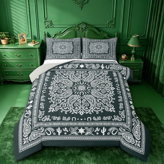jejeloiu Moody Vintage Floral Queen Comforter Set For Men Women,Boho Print Comforter Sets Queen,Teal White,Light Gray Reversible,3 Pieces,1 Comforter and 2 Pillowcases