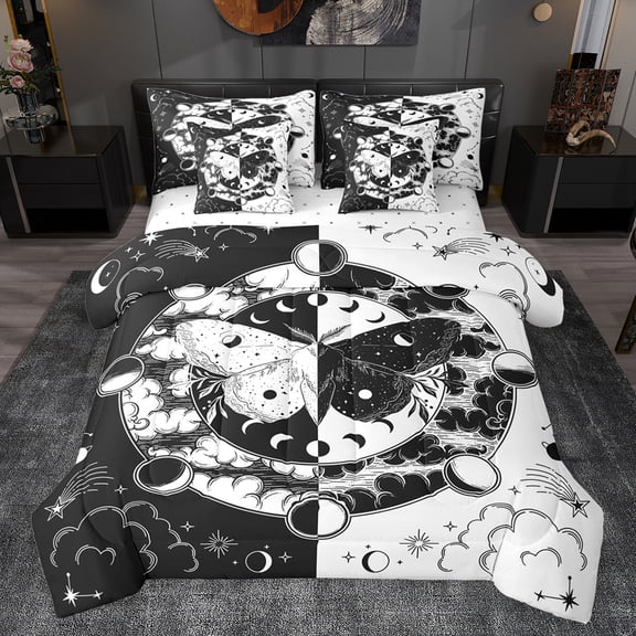 jejeloiu Moth 7pcs Bedding Comforter Set,Gothic Theme Queen Bedding Sets,White Black Queen Sheet Sets For Boys Kids,Ultra Soft Home Decor Reversible