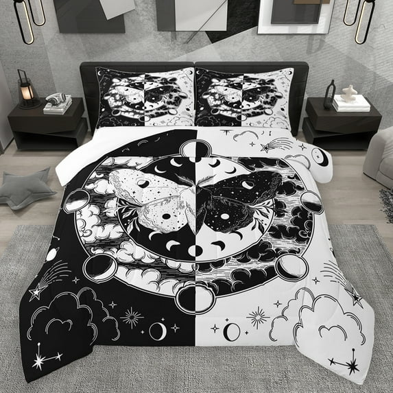jejeloiu Moth Bedding Comforter Set,Gothic Theme Twin Comforter Sets,White Black Bedding Set For Boys Kids,Ultra Soft Home Decor,2-Piece