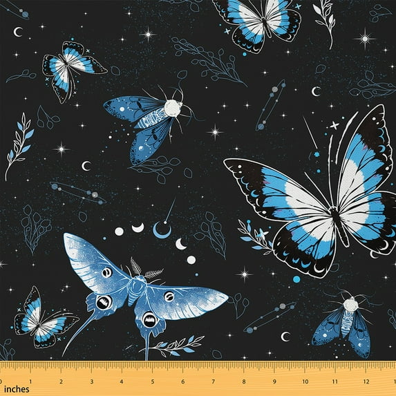 jejeloiu Moth Butterfly Fabric by the Yard 1 Yard,Boho Bohemain Theme Home Decor Fabric by the Yard,Black Blue White Sewing Fabric Microfiber Bedroom Decor