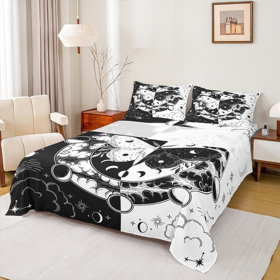 jejeloiu Moth Queen Sheet Sets,Gothic Theme Flat Sheet,White Black Queen Fitted Sheet For Boys Kids,Ultra Soft Home Decor,4pcs