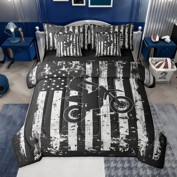 jejeloiu Motocross Truck 7-Piece Twin Bedding Sets,Black White Bedding Comforter Set For Boys Men Reversible