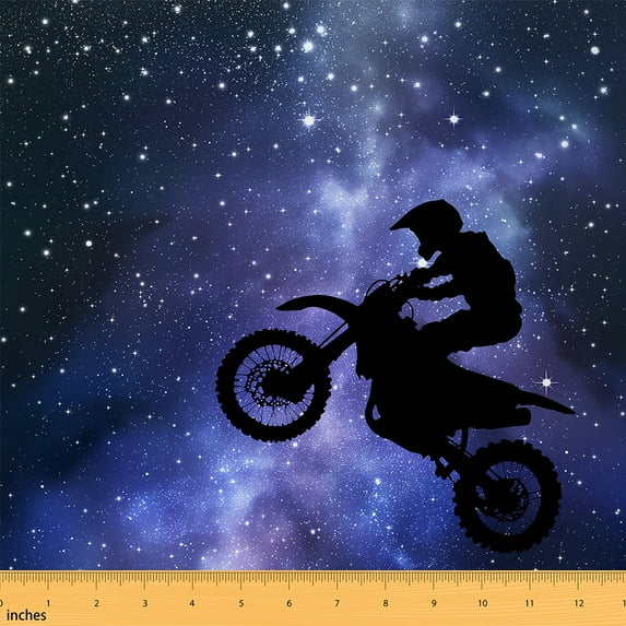 jejeloiu Motocyclist Silhouette Fabric by the Yard 10 Yards, Dirt Bike Theme Sewing Fabric, Purple Galaxy Stars Room Decor Fabric by the Yard, Breathable Home Decor