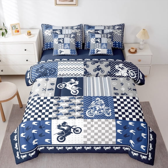 jejeloiu Motor Biker Bedding Comforter Set 7-Piece,Extreme Speed Motorcycle King Bedding Sets,Blue Gray Grid Bed Sheets For Children,Luxury Bedroom Decor Reversible