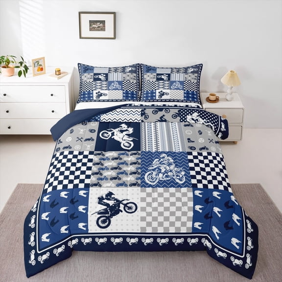 jejeloiu Motor Biker Queen Comforter Set,Extreme Speed Motorcycle Bedding Sets,Blue Gray Grid Bedding Comforter Set For Children,Luxury Bedroom Decor Reversible,3 Pieces