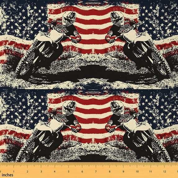 jejeloiu Motorcycle Fabric by the Yard 10 Yards,Extreme Sports Room Decor Fabric by the Yard,Vintage American Flags Sewing Fabric For Boys Teens,Luxury Bedroom Decor