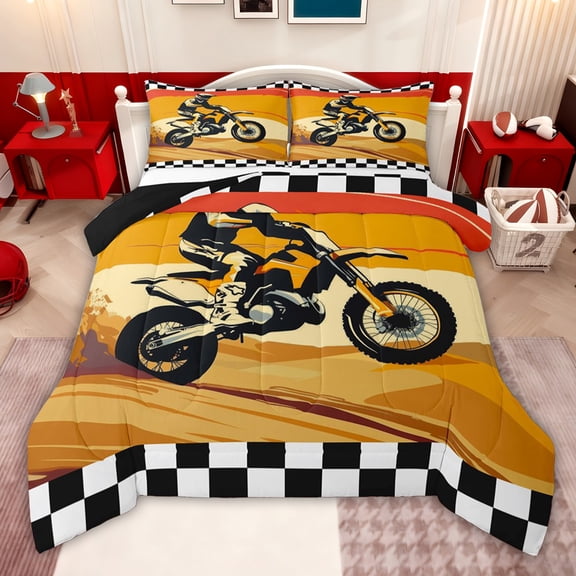 jejeloiu Motorcycle Motor Biker Queen Comforter Set,Orange Beige Black Bedding Comforter Set For Boys Kids Reversible 3pcs