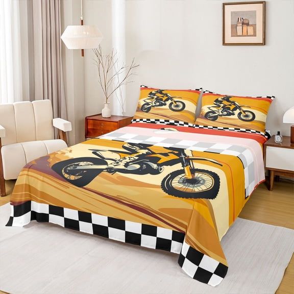 jejeloiu Motorcycle Motor Biker Twin Sheet Sets,Orange Beige Black Bedding For Boys Kids 3-Piece