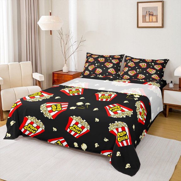 jejeloiu Movie Popcorn Full Size Sheets,Movie Theater Bed Sheets,Red Yellow Black Sheet Sets For Boys Kids,Ultra Soft Home Decor,4 Pieces