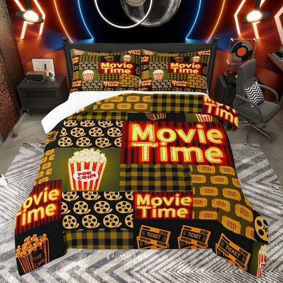 jejeloiu Movie Time Bedding Comforter Set,Vintage Cinema Ticket Twin Comforter Sets,Yellow Popcorn Bedding Set For Girls Boys,Luxury Bedroom Decor,2 Pieces