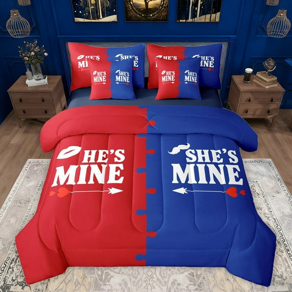 jejeloiu Mr Mrs Love 7-Piece Bedding Comforter Set,Romantic Valentine'S Day King Bedding Sets,Blue Red Bed Sheets For Adult,Breathable Home Decor Reversible