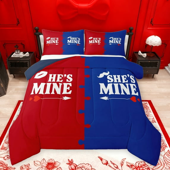jejeloiu Mr Mrs Love Full Size Comforter Sets,Romantic Valentine'S Day Bedding Comforter Set,Blue Red Bedding Sets For Adult,Breathable Home Decor Reversible,3-Piece