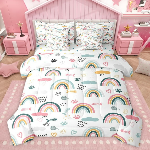 jejeloiu Multicolor Cute Rainbow 7-Piece Twin Bedding Sets,Kawaii Dogs Paws Bedding Comforter Set,Cartoon Lovea Pattern Sheet Sets For Teens,Luxury Bedroom Decor Reversible