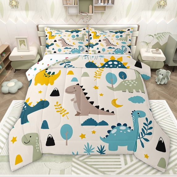 jejeloiu Multicolor Dino Pattern Queen Comforter Set,Kawaii Dinosaur Print Bedding Comforter Set For Boys Reversible 3-Piece