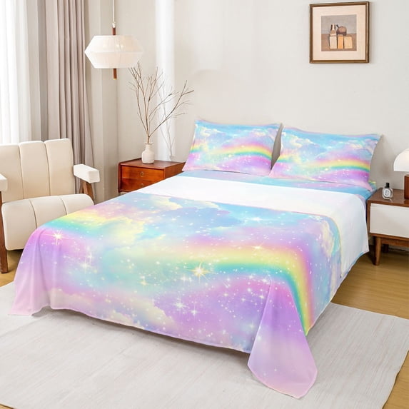jejeloiu Multicolor Gradient Rainbow Full Size Sheets,Galaxy Sky Clouds Bed Sheets For Kids 4-Piece
