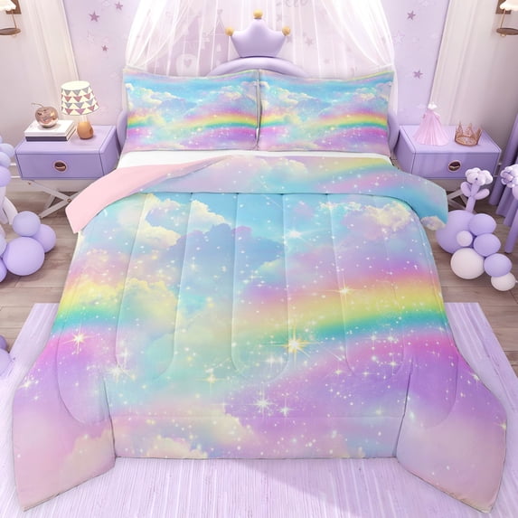 jejeloiu Multicolor Gradient Rainbow Queen Comforter Set,Galaxy Sky Clouds Bedding Comforter Set For Kids Reversible 3 Pieces