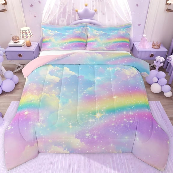 jejeloiu Multicolor Gradient Rainbow Twin Comforter Sets,Galaxy Sky Clouds Bedding Set For Kids Reversible 2pcs