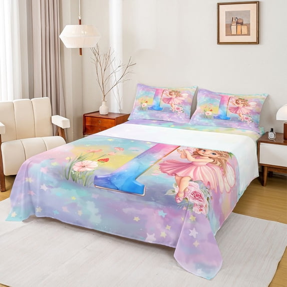 jejeloiu Multicolor Monogram I Full Size Sheets For Girls,Rainbow Stars Kawaii Princess Bed Sheets,4 Pieces