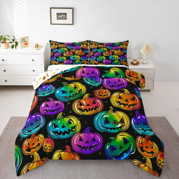 jejeloiu Multicolor Pumpkin Full Size Comforter Sets,Rustic Farmhouse Cabin Bedding Comforter Set,Thanksgiving Day Bedding Sets For Children,Lightweight Room Decoration Reversible,3-Piece