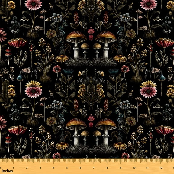 jejeloiu Mushroom Daisy Fabric by the Yard 2 Yards,Rustic Flower Floral Room Decor Fabric by the Yard,Brown Green Black Fabric for Sewing For Girls Teens,Ultra Soft Home Decor