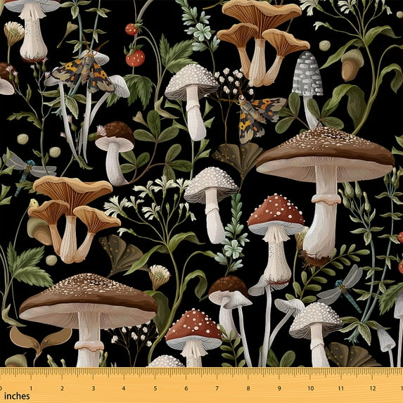 jejeloiu Mushroom Fabric by the Yard 5 Yards,Tropical Botanical Fabric for Sewing,Boho Print Moth Home Decor Fabric by the Yard For Girls Teens,Ultra Soft Home Decor