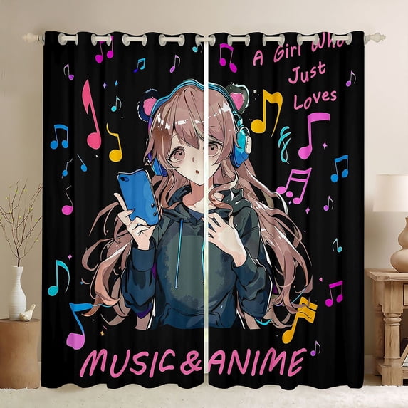 jejeloiu Music Anime Girl Curtains Pack of 2 (42x84 Each),Kids Romantic Gifts Curtains Blackout For Teens