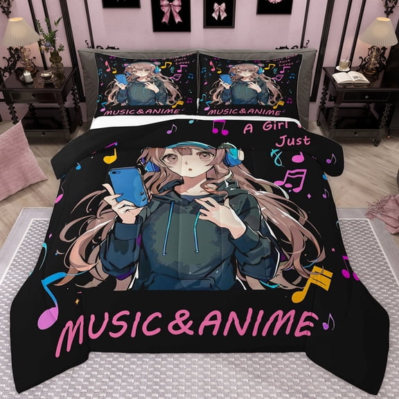 jejeloiu Music Anime Girl Twin Comforter Sets,Kids Romantic Gifts Bedding Set For Teens Reversible 2pcs