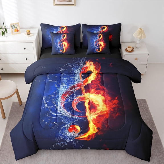 jejeloiu Music Melody 7-Piece Twin Bedding Sets,Musical Theme Bedding Comforter Set,Blue Orange Black Sheet Sets For Kids,Super Cozy Room Decor Reversible