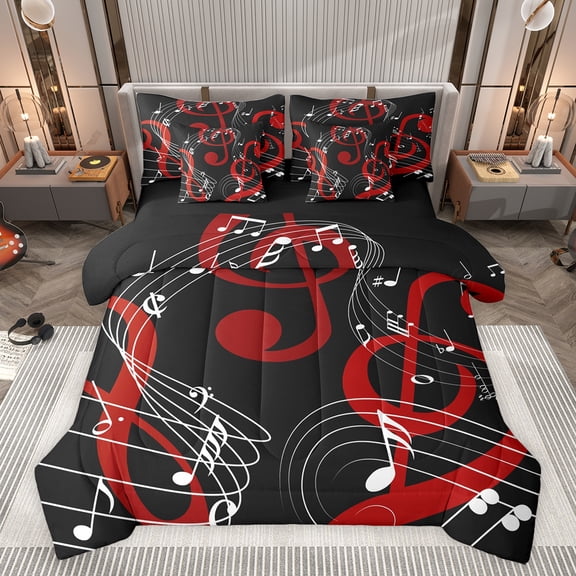 jejeloiu Music Melody 7 Pieces Bedding Comforter Set,Rock Musical Full Bedding Set,Red Black White Fitted Sheet Flat Sheet For Girls Boys,Microfiber Bedroom Decor Reversible