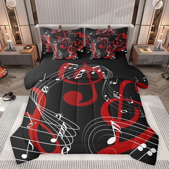 jejeloiu Music Melody 7pcs Bedding Comforter Set,Rock Musical Queen Bedding Sets,Red Black White Queen Sheet Sets For Girls Boys,Microfiber Bedroom Decor Reversible